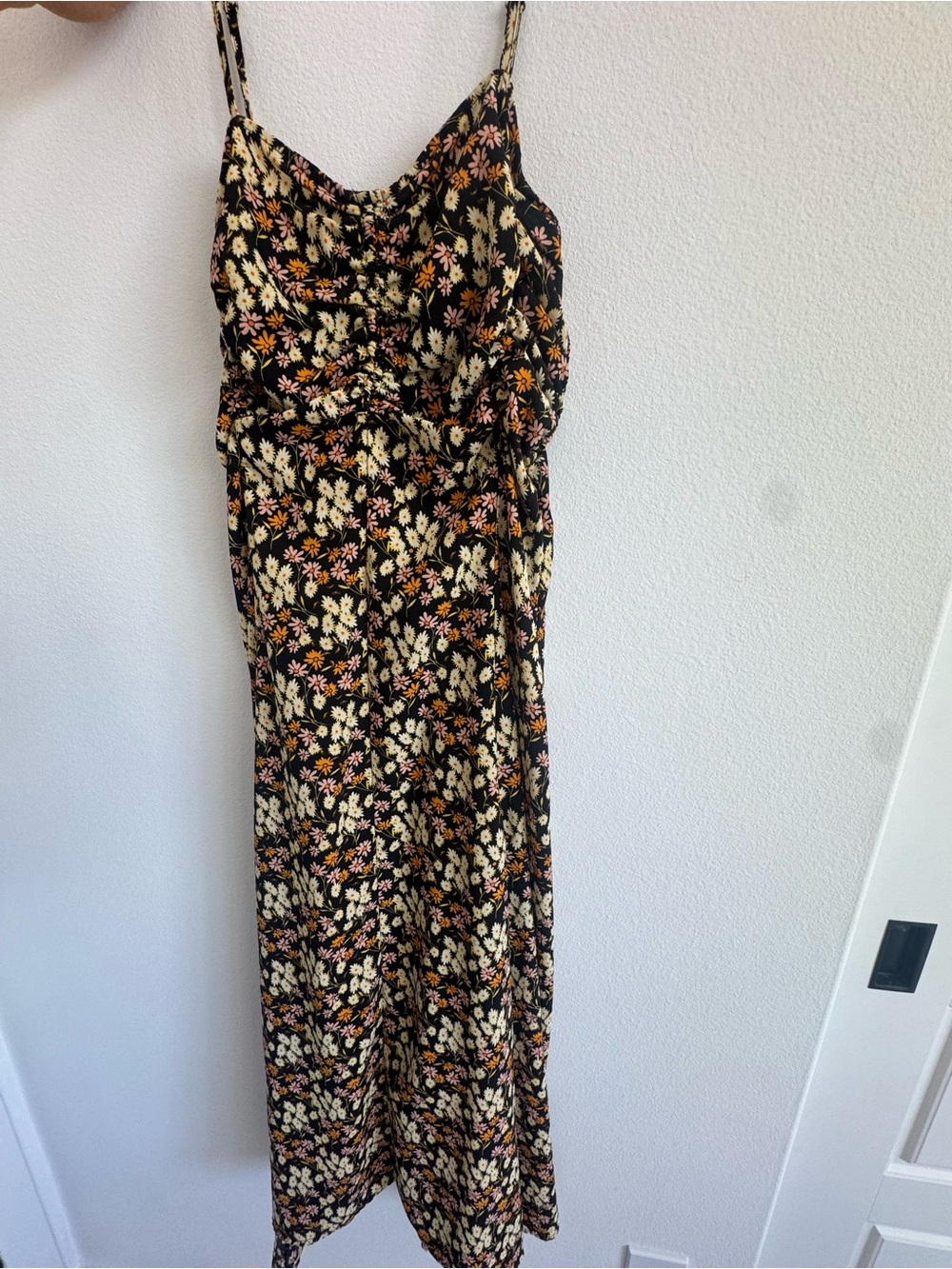 Urban Outfitters Black Floral Midi Dress with Cream and Orange Accents